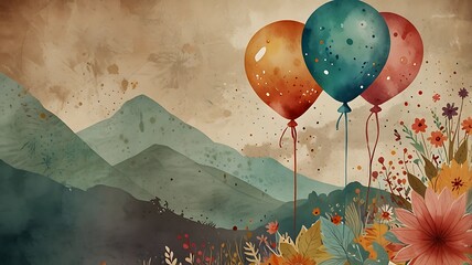 A playful card with a colorful balloon motif on a subtle, textured background