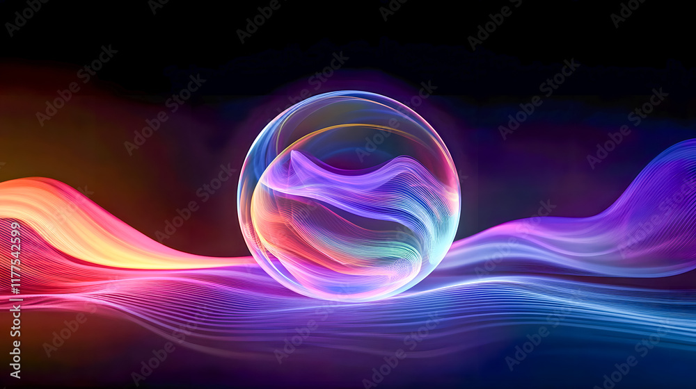 Poster colorful abstract light waves and sphere on dark background with dynamic flowing lines and vibrant e