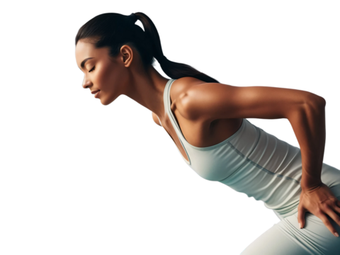 Young woman practicing yoga on yoga mat side view full length isolate on trasparency background