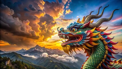 Majestic Panoramic Chinese Dragon Head - Mythical Creature, Asian Art, Ancient Symbol, Powerful Beast, Oriental Design