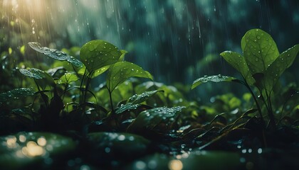 Fototapeta premium Rain on the leaves in a tropical forest