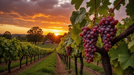 Naklejka premium A vineyard with a bunch of grapes on a vine
