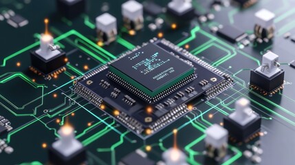 Close up view of a cpu processing data on a motherboard, showcasing intricate connections and glowing circuits that illustrate modern computer architecture