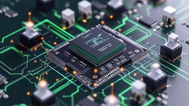 Close up view of a cpu processing data on a motherboard, showcasing intricate connections and glowing circuits that illustrate modern computer architecture
