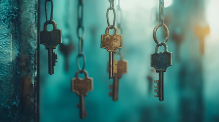 Vintage Keys on a Chain Against a Softly Lit Background Evoking Mystery and History in a Rustic Environment