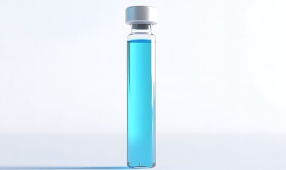 Single glass vial with light blue liquid.