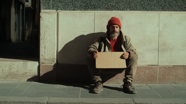 A man with a beard wearing a red beanie and coat sits on the sidewalk against a building. He holds a blank cardboard sign, reflecting a moment of stillness in a busy urban setting