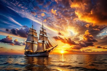 Obraz premium Majestic Sailing Ship at Sunset, Ocean Horizon, Rule of Thirds Composition