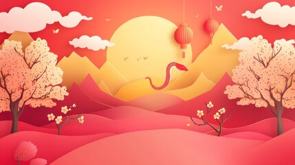 Paper-cut Chinese New Year background with a red and gold snake, lanterns, plum blossoms, clouds, flat design, and a large area of blank space in the middle.