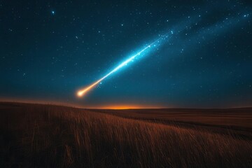 spectacular night sky photography of brilliant meteor streak creating luminous trail with ethereal glow against star-filled background