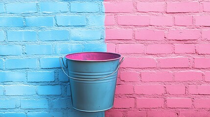 Naklejka premium Brick wall texture bucket with graffiti on pink and blue background