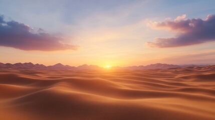 A serene desert landscape captures the warm hues of a sunset over rolling sand dunes, ideal for travel brochures, nature publications, or relaxation-themed content