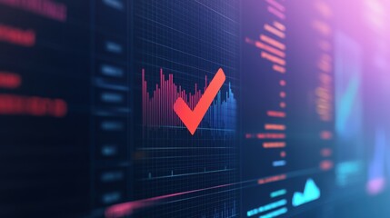 A vibrant digital display shows financial data with a prominent check mark, symbolizing success or validation in trading.