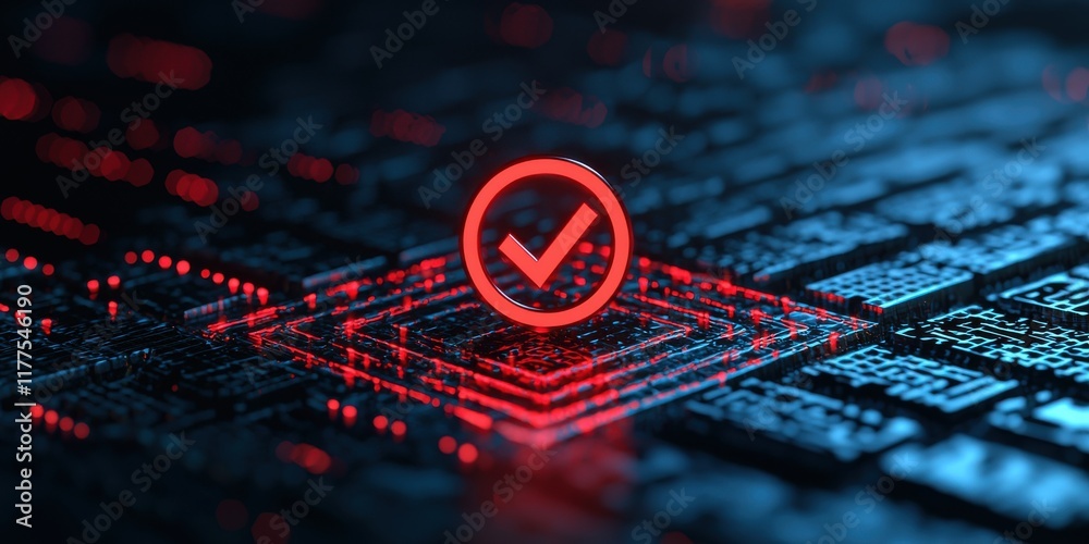 Poster a glowing red checkmark symbol against a dark, digital background, representing confirmation or vali