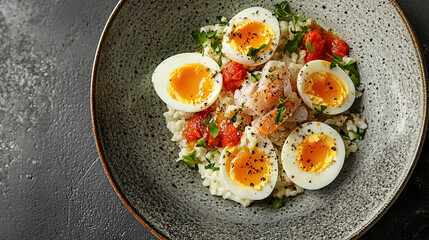 Kedgeree with flaked fish, rice, and boiled eggs 