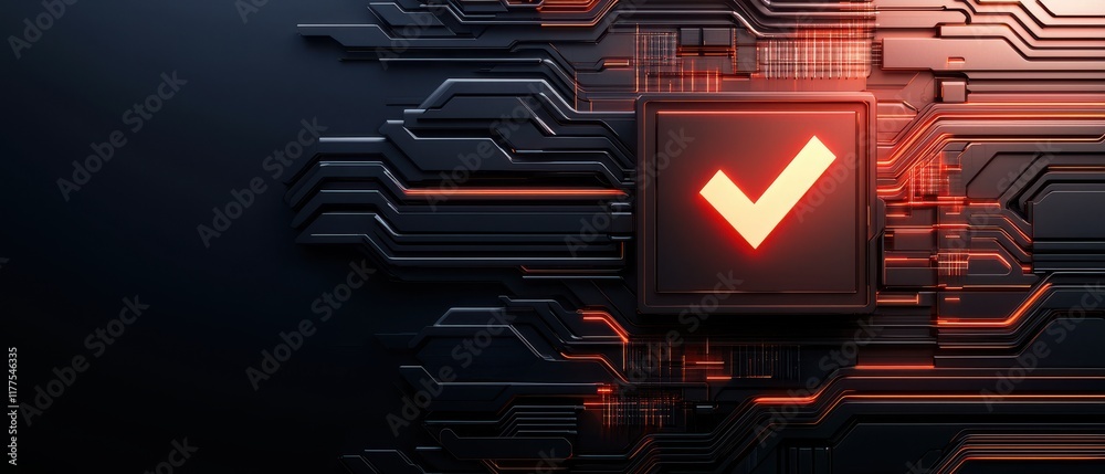 Poster a dark, tech-themed image featuring a glowing red checkmark on a circuit board background, symbolizi