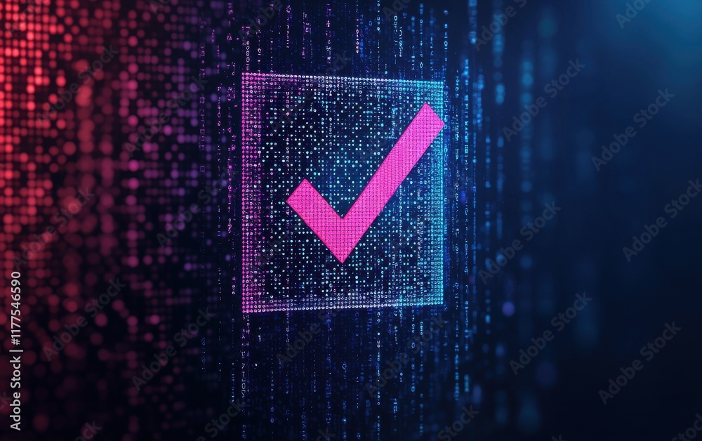 Poster a glowing pink checkmark inside a digital grid, symbolizing verification and approval against a back