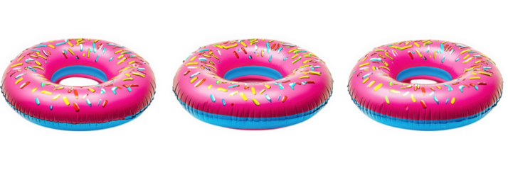 three colorful inflatable pool floats designed to resemble donuts. complete with a pink frosting appearance and colorful sprinkles these playful floats are ideal for summer leisure activities. adding