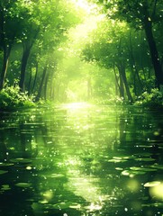 Obraz premium A serene forest scene featuring lush, green trees lining a reflective body of water under a gentle light, Ideal for projects centered around nature, tranquility, or environmental themes,