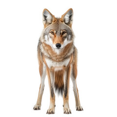 Fototapeta premium a striking image of a coyote standing confidently. showcasing its sharp features and fur patterns against a clean background the animal's posture and gaze convey a sense of alertness and presence. mak