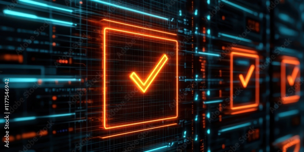Poster an abstract digital background featuring glowing checkmarks in orange and blue, symbolizing approval