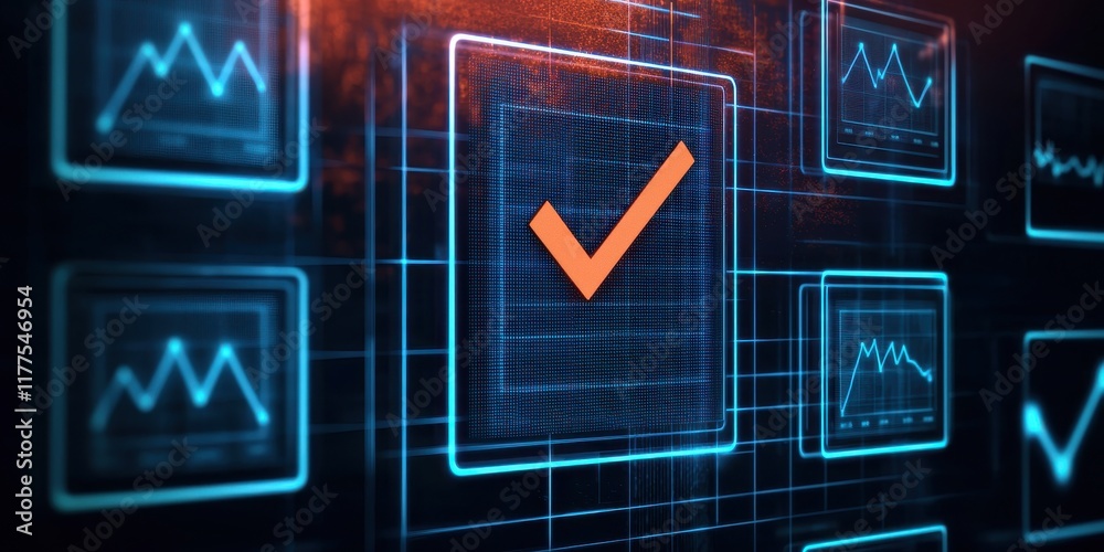 Poster a digital interface showcasing data graphs with a prominent checkmark symbolizing verification or su