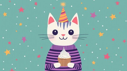 Obraz premium Cute cat celebrating birthday with cupcake festive setting joy