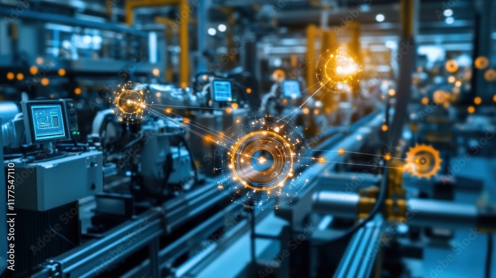 Poster industrial automation in a smart factory setting connects machines, optimizing processes through art