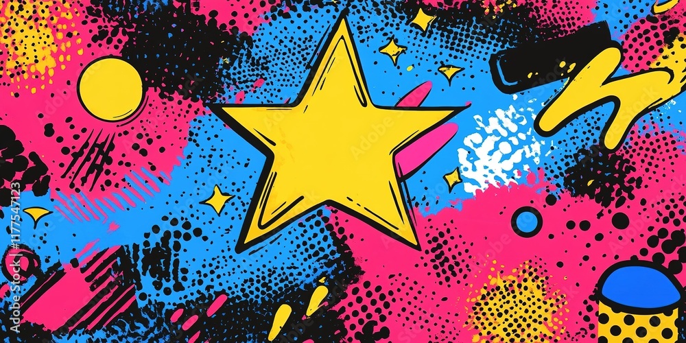 Poster bright and colorful abstract design featuring a large yellow star on a vibrant background with vario