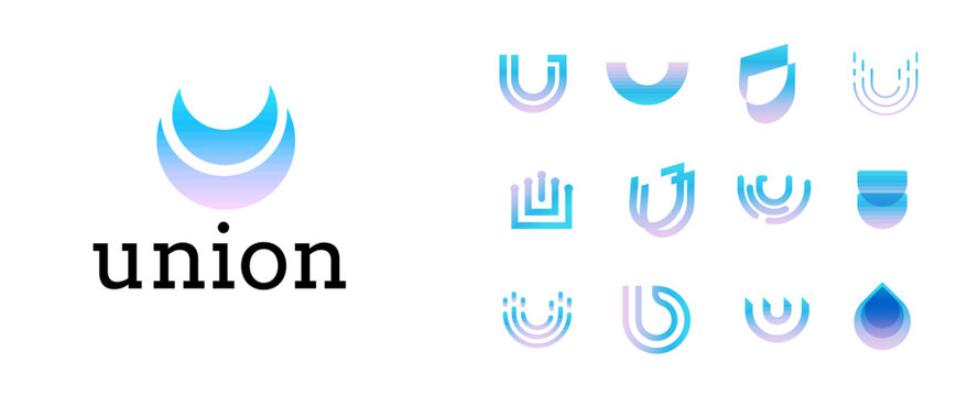 Modern gradient logos with blue and purple hues symbolizing unity, innovation, collaboration. Logo set for branding, tech companies, or community organizations. Abstract Letter U. Vector symbol