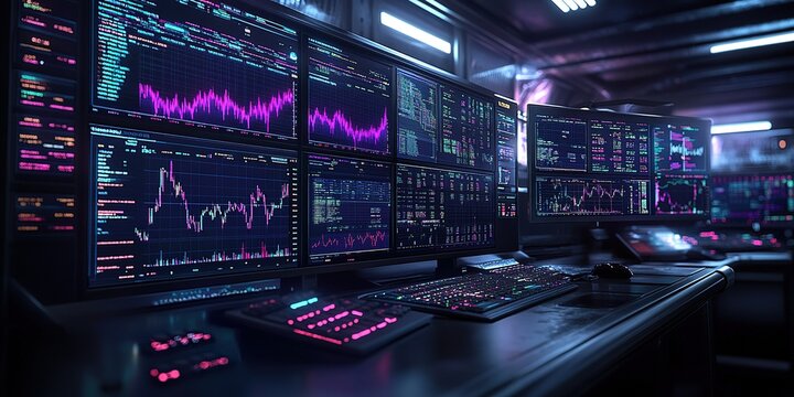 High-tech trading setup with multiple screens displaying market data and analytics at night
