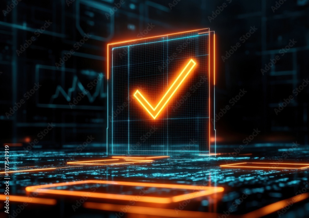 Poster a glowing checkmark symbol in a digital interface, representing verification and approval in a futur