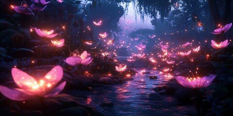 Enchanted nighttime garden with glowing flowers beside a gentle stream