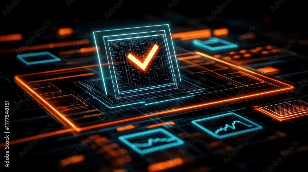 Poster a digital representation of a checkmark within a glowing interface, symbolizing approval and data ve