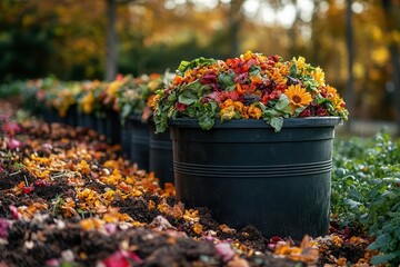 sustainable living demonstration of proper food waste composting technique in beautiful organic garden setting