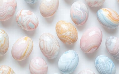 Obraz premium Artistic marble-patterned Easter eggs in soft pastel tones hovering on a bright white background
