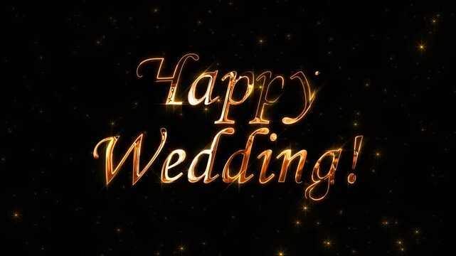 golden luxury happy wedding text effect with spark and particles on black star sky, beautiful typography magic design, sparkling effects celebration concept animation background