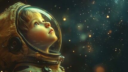 Childhood Dream of Space, Little Astronaut Gazing Upwards 