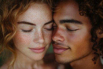 tender romantic moment captured as young couple share intimate embrace under soft natural light, eyes closed in pure connection