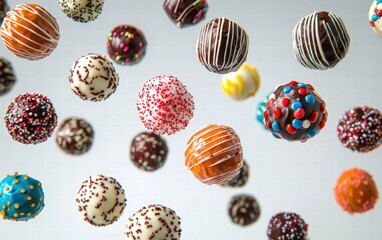 Brightly coated truffles in mixed designs hovering mid-air on a bright white seamless backdrop