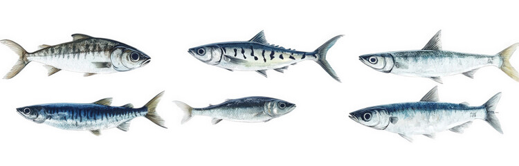 Naklejka premium series of fish illustrations. showcasing different species with detailed anatomical features the fish are arranged in a horizontal line against a white background. highlighting their shapes and colors