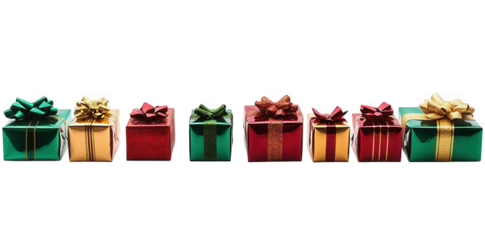 row of colorful gift boxes. each adorned with ribbons and bows. set against a white background the vibrant colors and festive presentation suggest a celebration or special occasion. making it ideal fo
