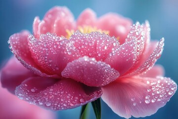 title vibrant pink peony flower macro photography with morning dew drops, delicate petals and soft natural light creating romantic atmosphere