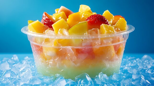 Bucket plastic like bowl of mixed sliced tropical fruits and ice on blue background - Powered by Adobe