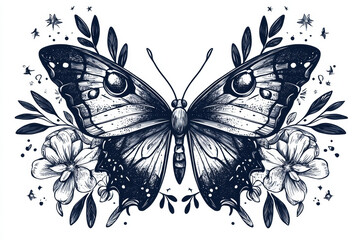 detailed hand drawn butterfly illustration with floral elements and decorative accents