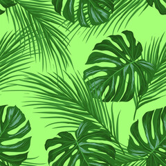 Jungle vector pattern with tropical leaves. Trendy summer print. Exotic seamless background.	
