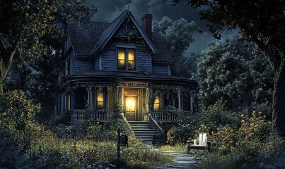 Fototapeta premium Old house at night, dark forest, lit porch, spooky, tranquil, aesthetic, stock