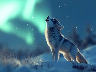 Obraz premium A majestic wolf howls at the northern lights in a serene winter landscape, capturing the beauty of nature's wonders.
