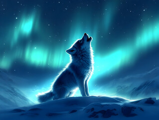 A majestic wolf howls under the enchanting auroras, illuminating the night sky with vivid colors.