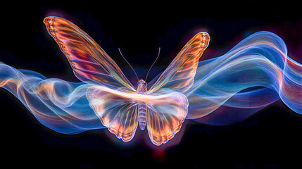 Colorful Butterfly with Ethereal Light Trails Against a Dark Background in Stunning Abstract Digital Art